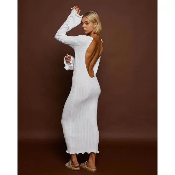 NWT SNDYS Baha Long Sleeve White Maxi Knit Dress Size M Cover-up Revolve - Picture 1 of 10